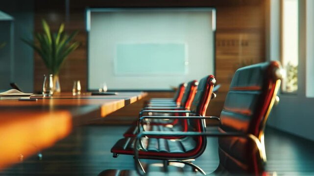 Empty business conference room with boardroom table and modern office chairs.