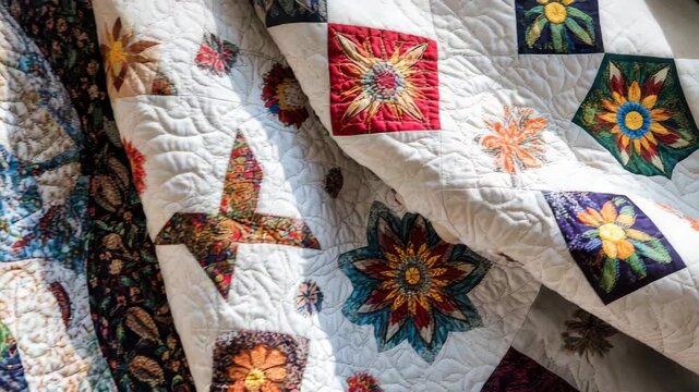 Intricately designed handmade quilts with vibrant patterns and colors