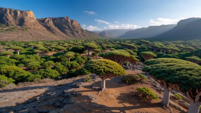 Dragon trees landscape on Socotra Island, Yemen, with stunning scenery of nature.