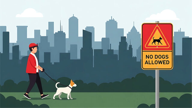 A pedestrian walking their dog in a park next to a “No Dogs Allowed” sign
