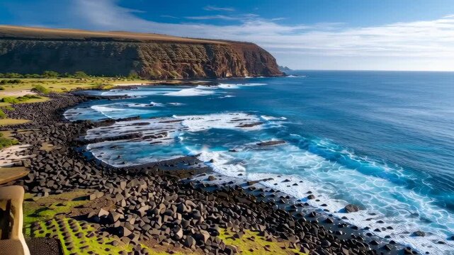 Coastal view of Easter Island with Moai statues facing the Pacific Ocean
