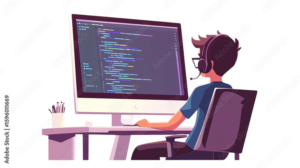 Poster cartoon vector illustration of software developer typing code on large screen isolated on transparen