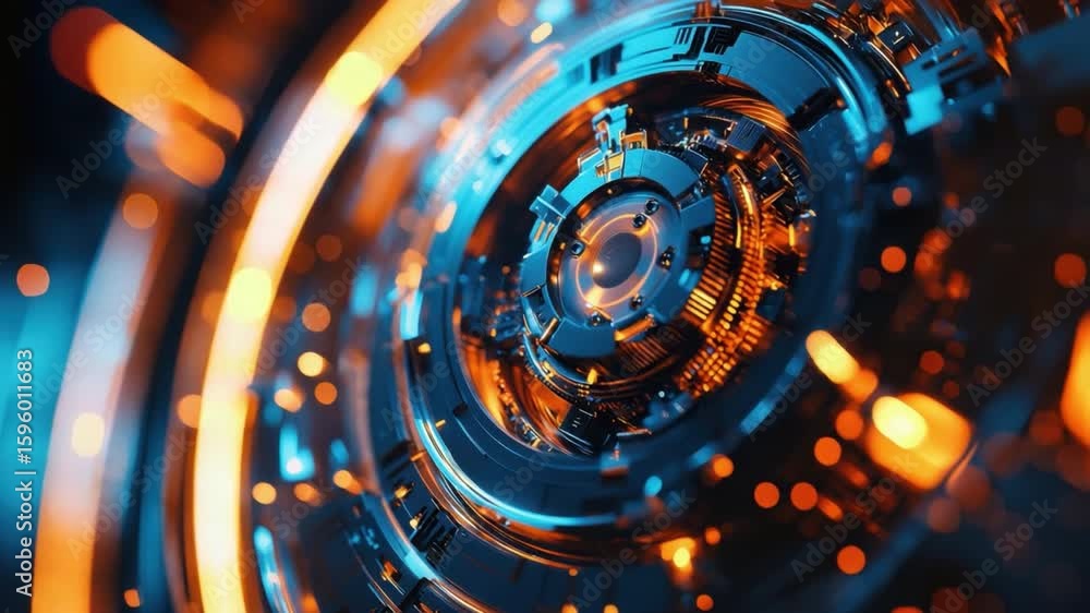 Poster intricate abstract design of circular geometric patterns with glowing elements in blue and orange to