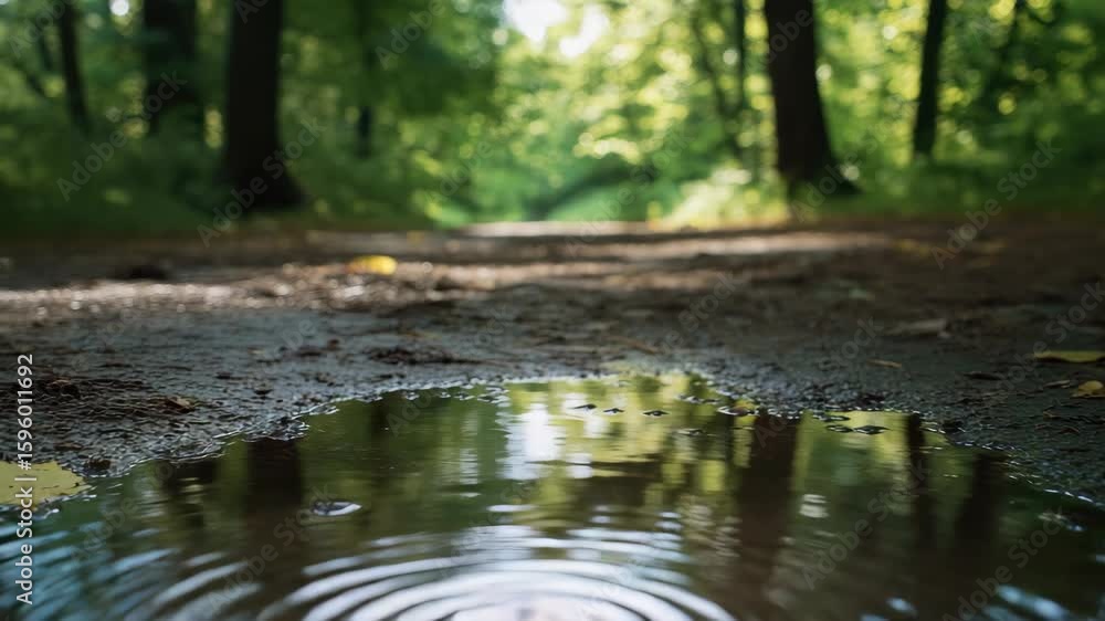Poster forest path with reflective puddle and trees