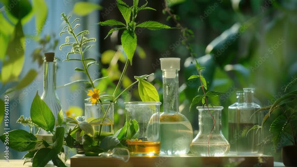 Poster close-up of a laboratory setting with various glass beakers and test tubes, containing different sub