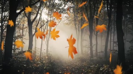 Enchanting autumn forest scene with falling golden leaves and misty atmosphere creates a serene - Powered by Adobe