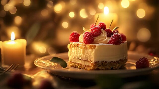 Delightful dessert with candle in background creating a warm and inviting atmosphere for celebration