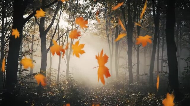 Enchanting autumn forest scene with falling golden leaves and misty atmosphere creates a serene