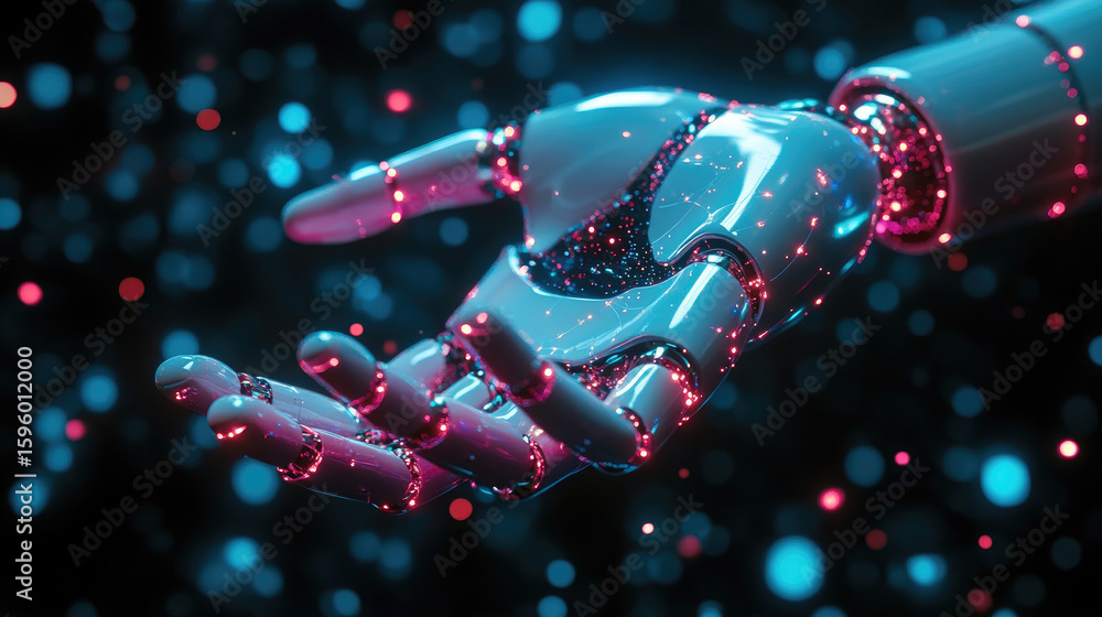 Poster a robotic hand with intricate design and sparkles connects to data, symbolizing the future of techno