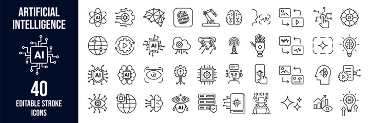AI technology line icons set with editable stroke, containing robotic hands, machine learning, generative ai, chatbot, ai in education, data handling, automation, spot robot dog and many more.
