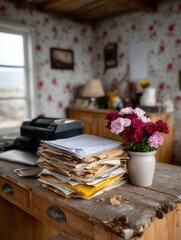 Cluttered wooden desk with stack of papers, assorted documents, and pink flowers in a cozy vintage home office