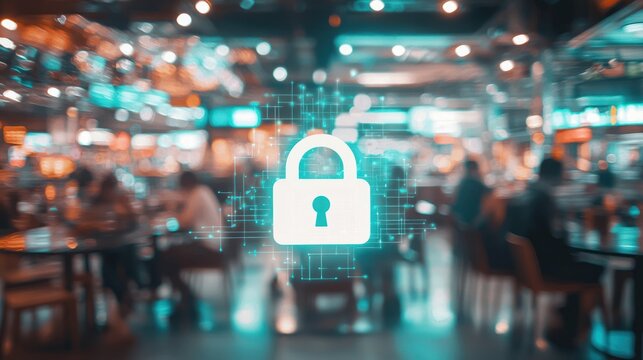 Digital security lock superimposed on a blurred restaurant interior.