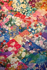 A vibrant and colorful pattern of Japanese kimono fabric, with intricate designs in reds, blues, greens, golds, yellows, and other colors.
