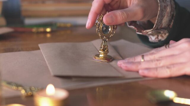 A girl seals a letter and prepares it for mailing. Pressing a wax seal. Mailing a letter. Hands sealing a letter with hot red wax.
