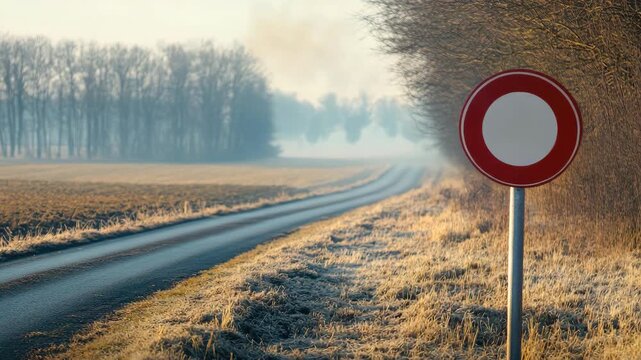 Frosty rural road with no-entry sign on misty morning