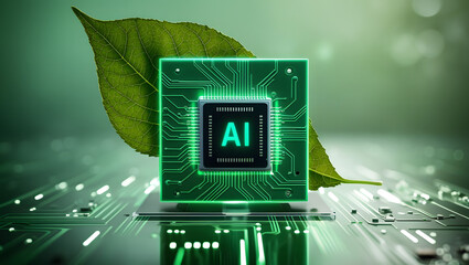 Close-Up AI Microchip with Green Sustainable Circuit Design