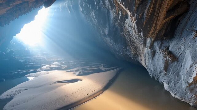 Dramatic sunlight illuminates an underground cave with a river flowing through a sandy landscape.