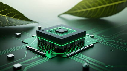 Close-Up AI Microchip with Green Sustainable Circuit Design
