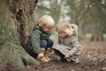 Two young children are engaged in exploration, crouching beside a large tree in a tranquil woodland area on a chilly day