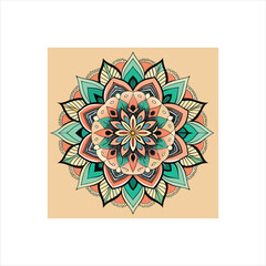 Abstract floral vector illustration featuring an ornate, colorful flower mandala pattern with decorative leaf and circle elements, ideal for spring nature designs or vintage oriental art
