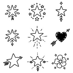 Cute line sketch star arrow heart decoration icon set vector,hand drawn doodle emphasis flower element vector,pen line text decoration shape icon hand drawn