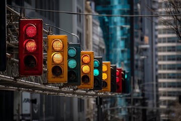 Colorful traffic lights hang above a busy city street, displaying various signals to guide vehicular movement in an urban environment