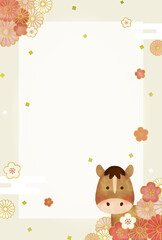 水彩風　2026年 午年 年賀状イラスト｜かわいい馬と和風花柄のデザイン