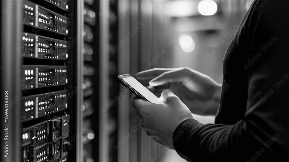 Poster ict worker in dark data center, monitoring network on tablet