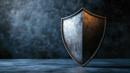 Metallic shield against dark, textured background symbolizes protection and security - Powered by Adobe