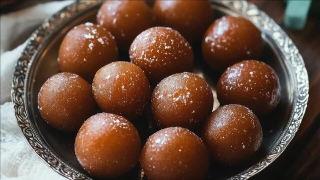 A platter of round sweets dusted with sugar.