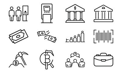 Finance and Banking Line Icon Set – Minimalist Business, Crypto, ATM, Money Transfer, Investment and Economy Icons Bundle for Digital Design and Web UI

