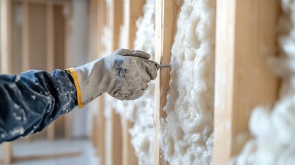 Insulation drywall work, worker placing fiberglass material into wall frames, protective clothing, power tools, new home construction energy efficiency phase