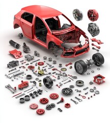 Red car exploded view, showing many disassembled parts