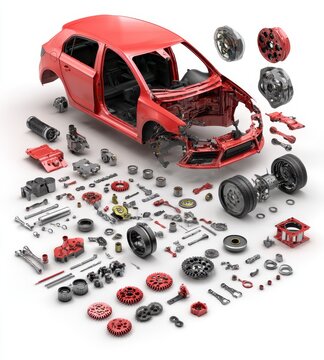 Red car exploded view, showing many disassembled parts
