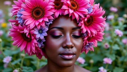 Naklejka premium radiant woman smiling softly, sunflowers crowning head, bust made of exotic flowers, in vibrant pinks and blues, background lush meadow