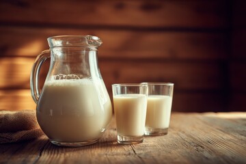 Milk jug & glasses on rustic table