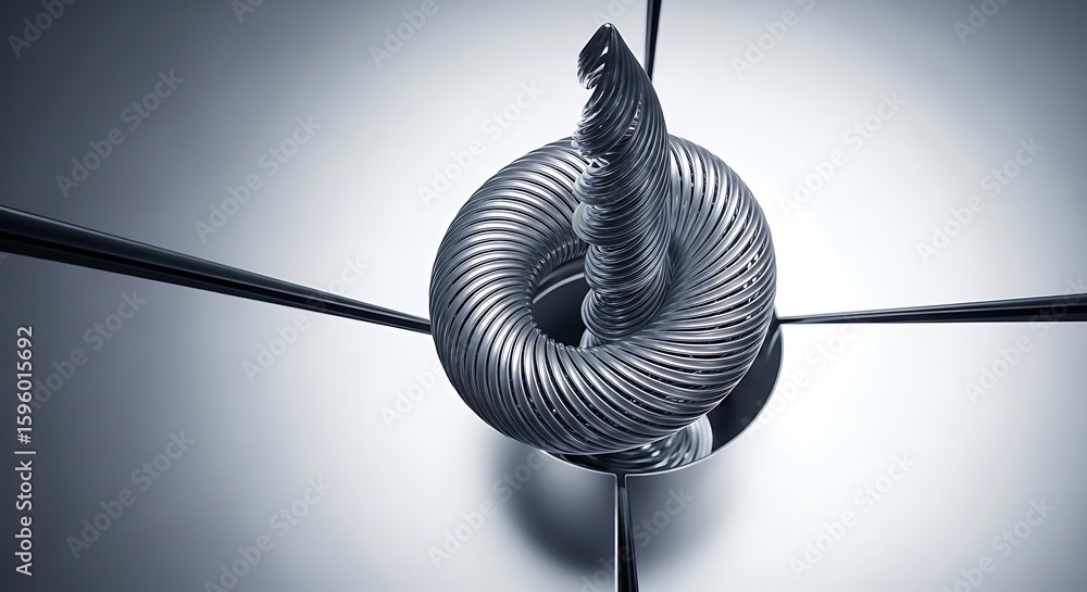 Poster abstract close-up of a coiled metallic object suspended by thin wires, creating a modern and intrigu