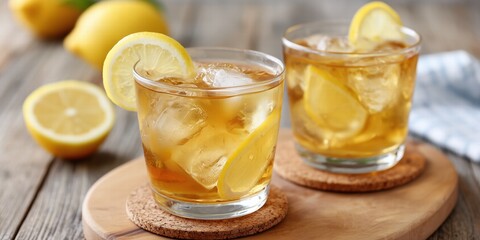 Frosted Iced Tea Glasses with Lemon Slices, Condensation on Glass, Round Wooden Table and Cork Coasters, Summer Beverage Still Life, Top View