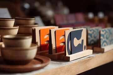 Handcrafted cards in vibrant colors are neatly arranged next to elegant ceramic bowls, highlighting the artisan's craftsmanship and detail