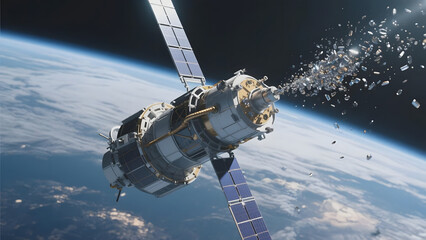 Satellite in Orbit with Debris Field Above Earth