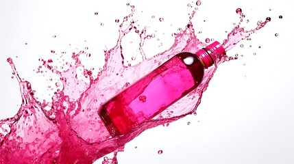 Fototapeta premium Hot magenta polish spilling thickly from bottlea??s side, fluid motion captured mid-spread, clean white full frame background .