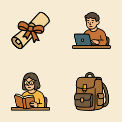 Vector illustration of academic elements showing laptop student, reading book, graduation diploma, and backpack