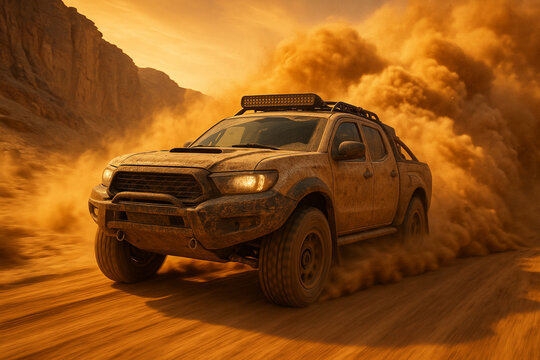 A rugged off-road rally car kicking up a massive dust storm in a desert canyon, dynamic motion blur, orange sunset lighting, hyper-detailed matte paint with scratches, cinematic wide-angle shot - Powered by Adobe