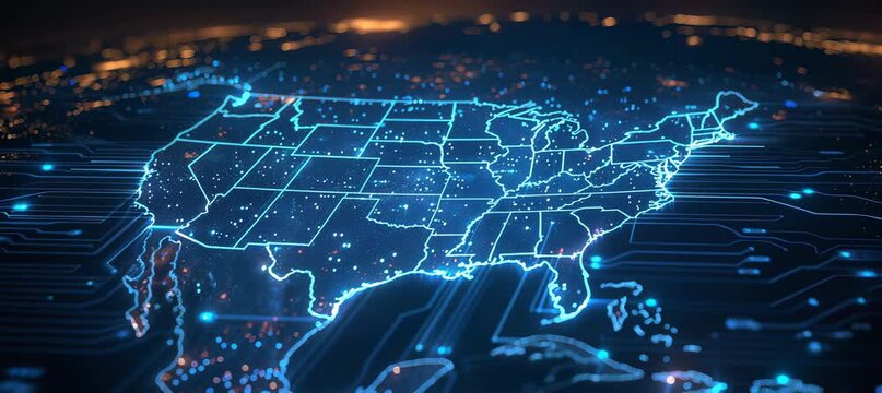 United States of America modern network map. Information wireless data smart ecosystem. Generative video AI technology.