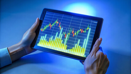 Close-up of hands interacting with a digital tablet displaying financial graphs and data visualizations, set against a vibrant, blurred cityscape at night. The screen illuminates the hands, while warm