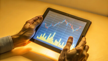 Close-up of hands interacting with a digital tablet displaying financial graphs and data visualizations, set against a vibrant, blurred cityscape at night. The screen illuminates the hands, while warm