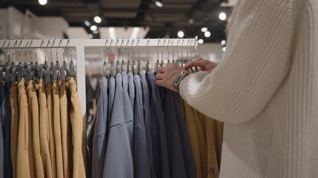 Well lighted boutique showcases neat row of camel sweatpants and slate blue polos on metal rack, hangers glint under ceiling lamps while curious shopper hand with lavender manicure hovers to browse