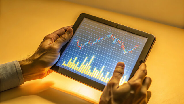 Close-up of hands interacting with a digital tablet displaying financial graphs and data visualizations, set against a vibrant, blurred cityscape at night. The screen illuminates the hands, while warm - Powered by Adobe