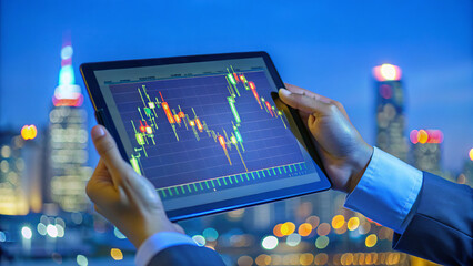 Close-up of hands interacting with a digital tablet displaying financial graphs and data visualizations, set against a vibrant, blurred cityscape at night. The screen illuminates the hands, while warm