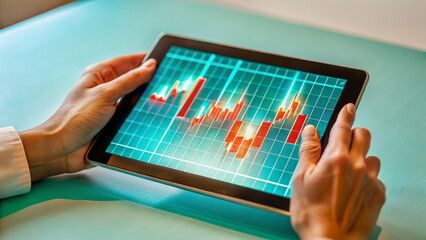 Close-up of hands interacting with a digital tablet displaying financial graphs and data visualizations, set against a vibrant, blurred cityscape at night. The screen illuminates the hands, while warm